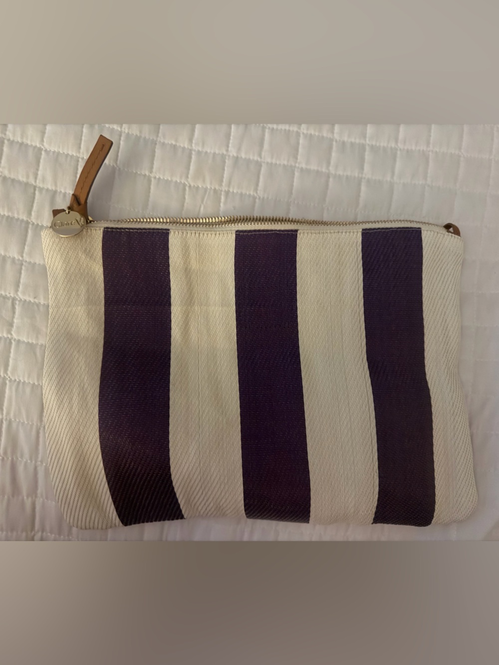 Clare V woven flat clutch sign leather tabs EUC